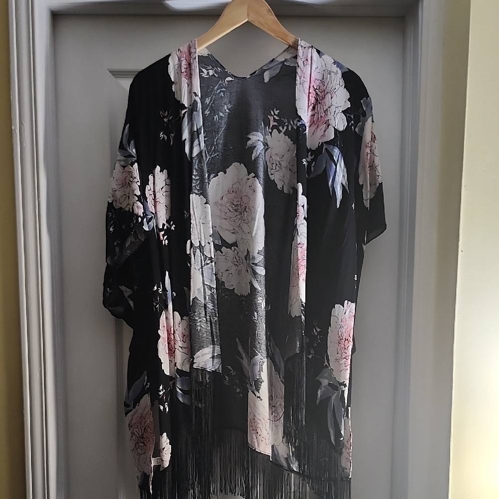 Maurices Black Kimono with Pink Floral and Fringe